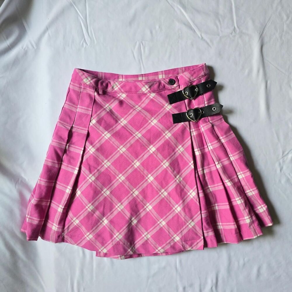 Lazy Oaf Getting Plaid Pink Heart Buckle Wrap Mini Skirt